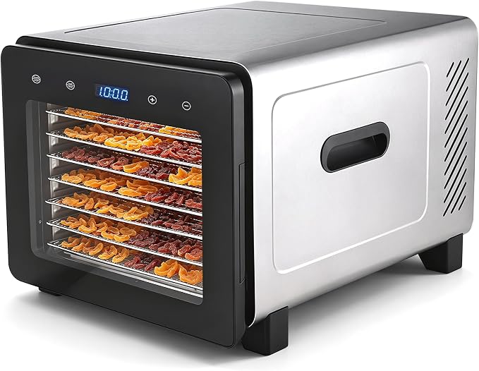 Food Dehydrator Machine, 720W 8-Tray Stainless Steel Dryer with Clear Window Door, 95-170°F Digital Temp Control & 24H Timer, 360° Airflow for Jerky, Fruit, Herbs, Dog Treats