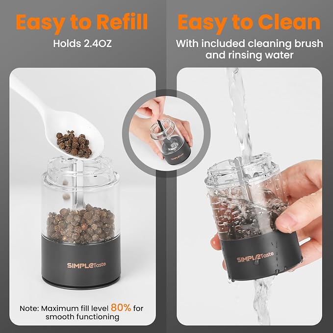 SIMPLETASTE Electric Salt and Pepper Grinder Set with LED Light, Automatic Pepper Mill Shakers with Adjustable Coarseness, One Hand Operation for Kitchen, Dining, Gifting, Black, Rechargeable