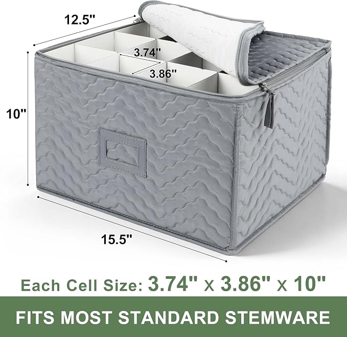 LotFancy Stemware Storage Container - Deluxe Quilted Storage Case with Dividers for 12 - Wine Glasses, Champagne Flutes, Glassware, Drinkware Storage Box Chest, 15.5"x12.5"x 10", Gray
