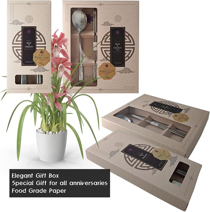 [5 Sets] [Made in Korea] Orchid Design Korean Style Sticky Rice Spoon Chopsticks Set Silverware Set 304 Stainless Steel Cutlery Set Soup Spoon Ramen Chopsticks Flatware (5 Sets)