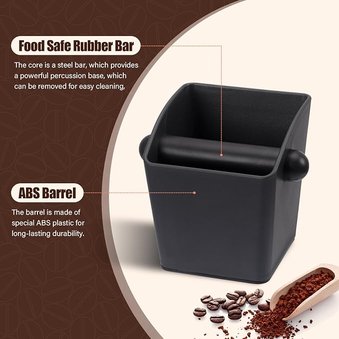 HOMEE Espresso Knock Box,Rectangular Coffee Knock Box with Large Capacity and Non-Slip Base, Grounds Container with Removable Bar,Espresso Accessories for Coffee Bar Kitchen Counter,Black