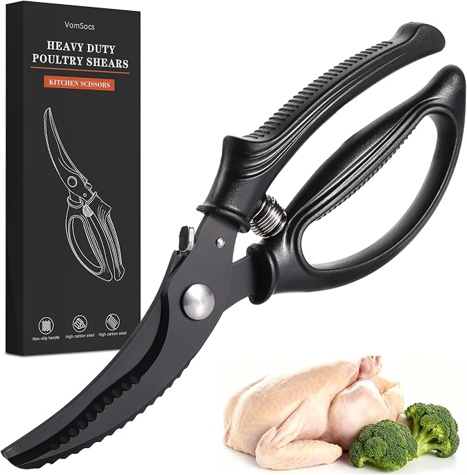 Poultry Shears, Kitchen Shears with Spring Loaded, Heavy Duty Poultry Scissors for Meat, Chicken,Turkey, Anti-Slip Handle,Safety Lock,Dishwasher Safe(Black)