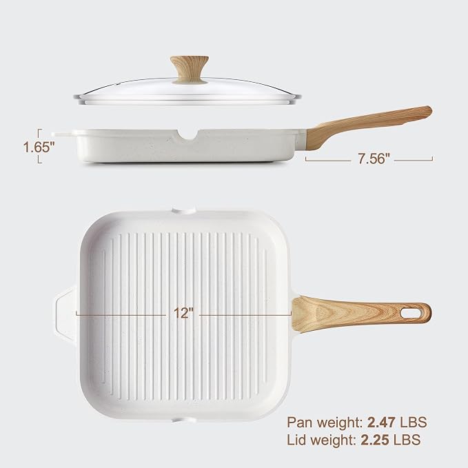SENSARTE Nonstick Ceramic Grill Pan with Lid, Grill Pan for Stove Tops, Square Grilling Pan with Pour Spouts, Durable Grill Skillet for All Stoves, Steak Bacon Pan, Non Toxic PTFE,PFAS,PFOA Free