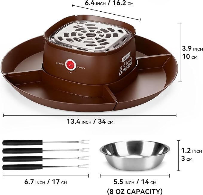 SugarWhisk 2 in 1 Electric Smore Maker & Fondue Set, Marshmallow Roaster with 4 Forks, Indoor Smores Kit for Kids & Couples, Cheese & Chocolate Fondue Pot, 4 Detachable Trays, Brown