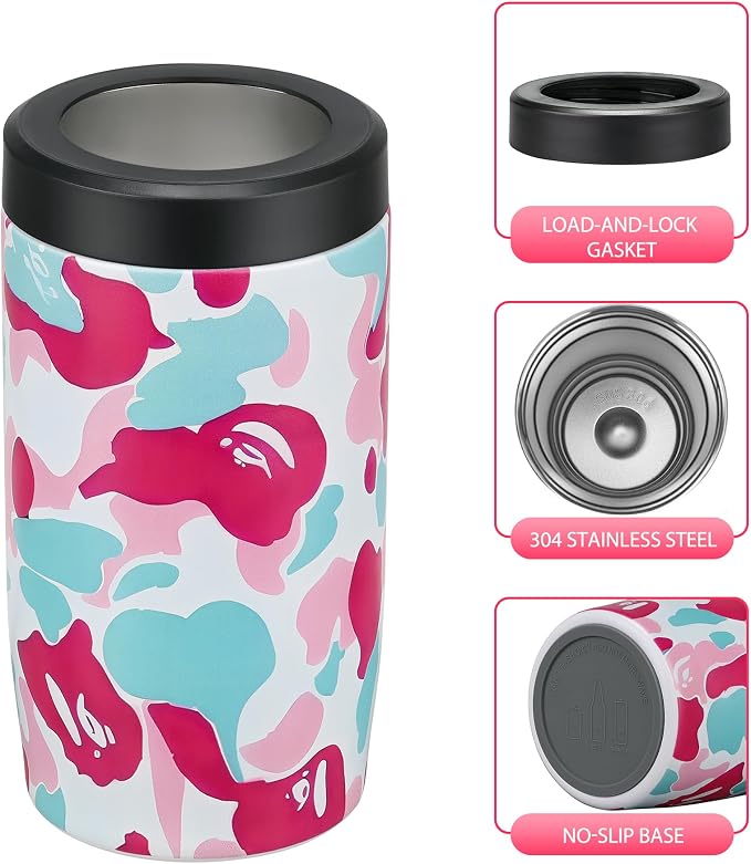 MAXSO Slim Can Cooler, 4-in-1 Double Walled Stainless Steel Insulated Beer Can Holder, Works With All 12 Oz Cans,Bottles & As A Pint Cups - Leo Pink