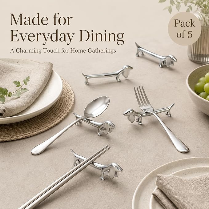 ChezMax Pack of 5 Zinc Alloy Chopsticks Spoon Forks Knives Tableware Rest Set, Silver Dog