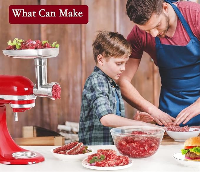 FavorKit Stainless Steel Food Grinder Attachment for KitchenAid Mixers, Dishwasher Safe Meat Processor Accessory Included 3 Sausage Stuffer Tubes