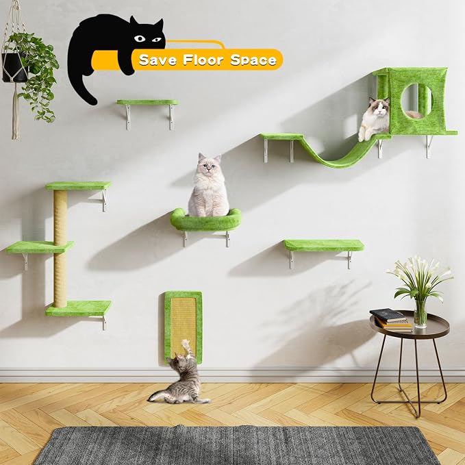 NUNU LAB Wall Mounted Cat Climber Set, 6 Pcs Cat Furniture Set with House, Bridge, Steps, Scratcher Board and Hammock, Shelves for Indoor, Luxury Walls Furniture, Light Green