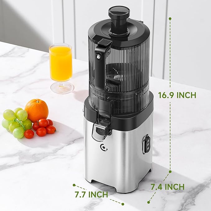 AMZCHEF Cold Press Juicer, 6.5" Whole Fruit Self-Feeding Slow Juicer | 3-in-1 Juicer Machine for Juice, Nut Milk & Sorbet, 90oz Large Capacity, Easy to Clean Design, Triple Strainers, Large Auger