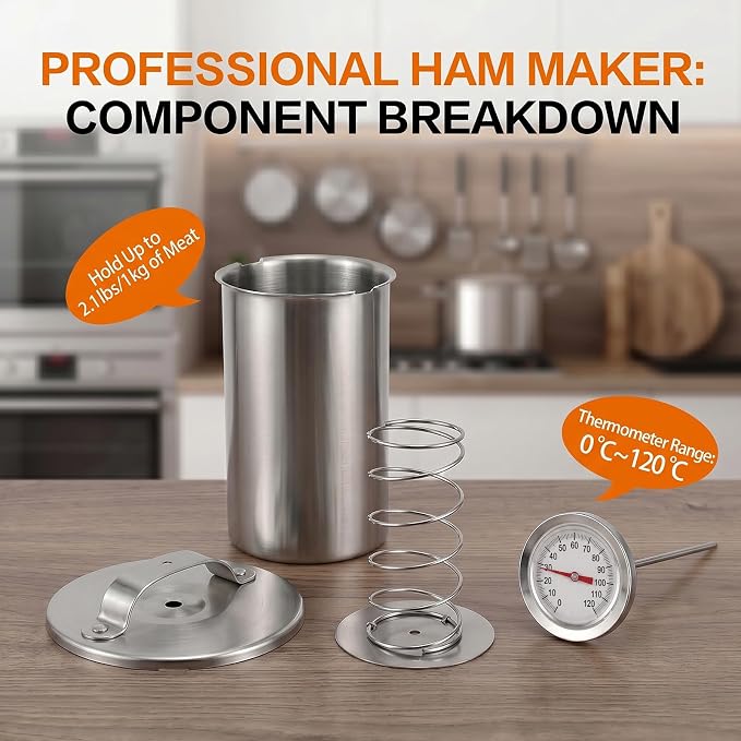 304 Stainless Steel Ham Maker with Thermometer, Lunch Meat Press Mold for Homemade Cold Cuts, Rolled Meat, 2 LB Capacity