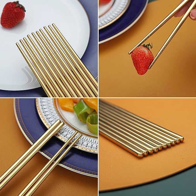 10 Pairs Reusable Chopsticks, Titanium Gold Plating Stainless Steel Metal Chop Sticks, Japanese Chinese Korean Chopstick Dishwasher Safe, 8.9 Inch (Gold / Chop sticks)
