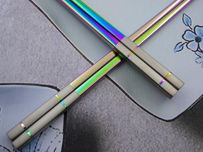 Albino Monkey Metal Chopsticks Reusable, 5 Pairs - Rainbow Iridescent Holographic Stainless Steel Chopsticks - Dishwasher Safe, Non-Slip, Extra Long 9" - Multicolor Japanese Sushi Gift Set