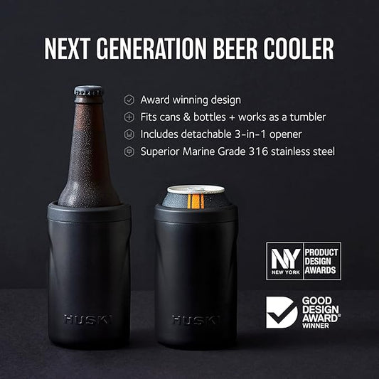 Huski Beer Cooler 2.0 | NEW | Premium Can and Bottle Holder | Triple Insulated Marine Grade Stainless Steel | Detachable 3-in-1 Opener | Works as a Tumbler | Best Gifts for Beer Lovers (White)