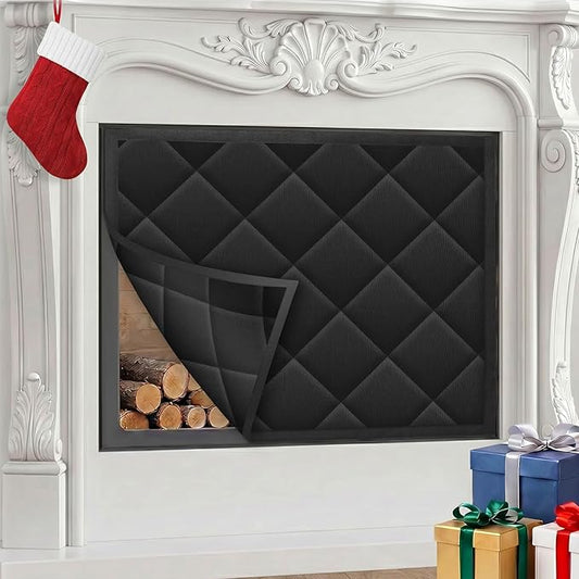 Fireplace Draft Cover, Fireplace Blocker Blanket with Hook and Loop Tapes, Indoor Fire Place Draft Stopper for Heat Loss Insulation Black 36" W x 36" H