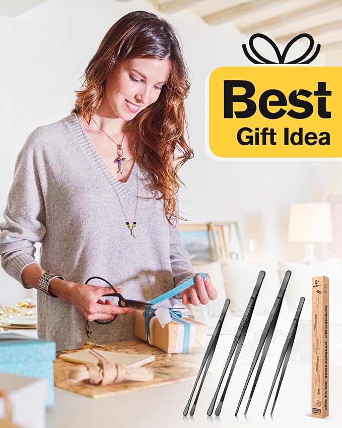 4 Pcs Fine Long Tweezer Tongs Professional Black, 12'' and 10'' Stainless Steel for Kitchen, Food, Cooking, Repairing, Sea food and BBQ