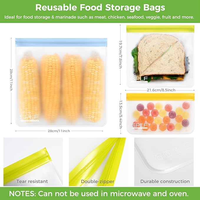 SPLF 9 Pack Reusable Gallon Freezer Bags Dishwasher Safe, Muticolor | BPA Free 1 gallon Leakproof Silicone and Plastic Free Food Storage Bags for Meal Prep, Fruits, Sandwich, Snack, Travel Items