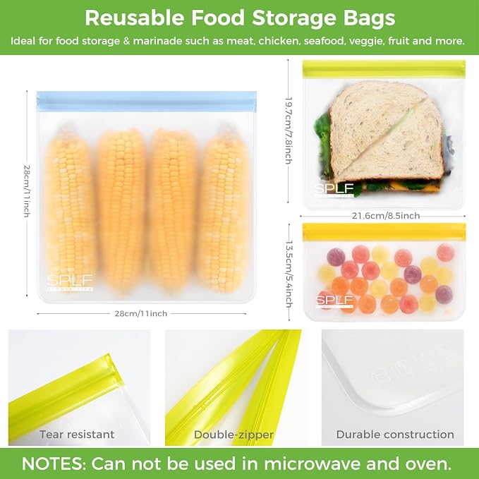 SPLF 6 Pack Reusable Gallon Freezer Bags Dishwasher Safe, Muticolor | BPA Free 1 gallon Leakproof Silicone and Plastic Free Food Storage Bags for Meal Prep, Fruits, Sandwich, Snack, Travel Items