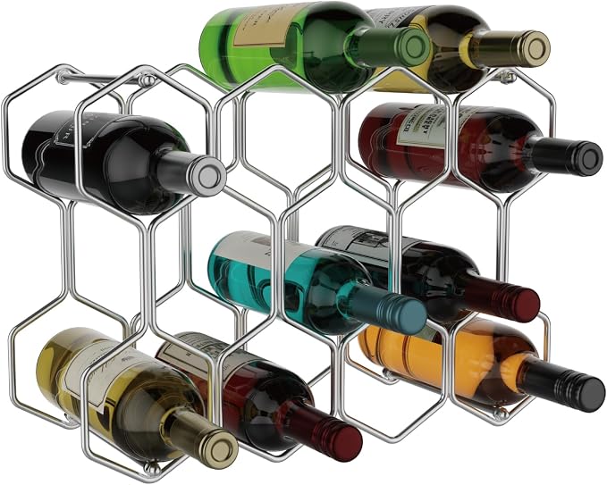 Buruis Countertop Wine Rack, 14-Bottle Modern Freestanding Metal Holder for Red and White Wine, Tabletop, Kitchen, Bar, and Cabinet Storage (Chrome)