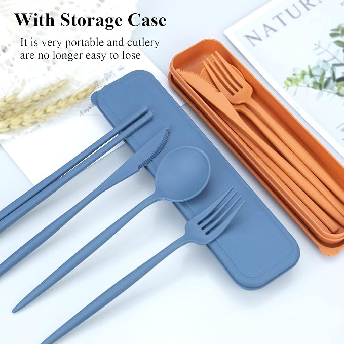 DISSKNIC Reusable Utensils Set with Case, 6 Sets Travel Utensils with Case, Wheat Straw Portable Cutlery Set Chopsticks Knives Fork and Spoon for Lunch Box Accessories
