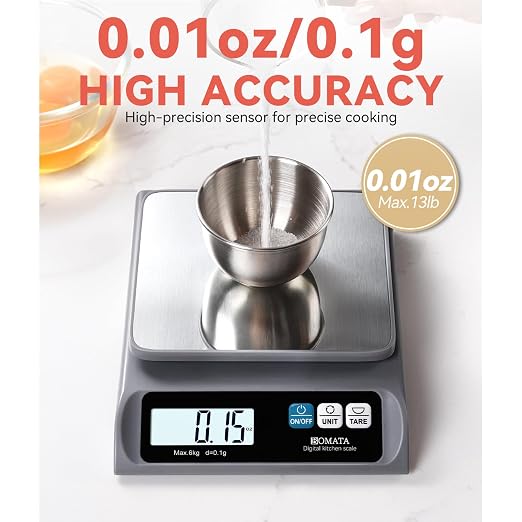 BOMATA 0.1g High Precision Food Scale, USB Rechargeable, 13lb Digital Kitchen Scale with Removable Stainless Steel Pan, Backlit LCD Display, for Cooking, Baking B621 Grey
