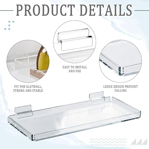 Yalikop 4 Pcs Slatwall Shelves Clear Acrylic Slatwall Shelves Organizer Wall Mounted Hanging Accessories Plastic Panel Display Shelf for Retail Store Boutique Garage Home(Fenced Style,14 x 6 Inch)