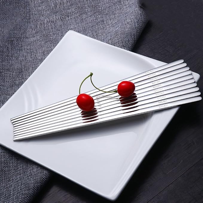 Buyer Star 5 Pairs Silver Flat Chopsticks - Reusable Metal Stainless Steel Chinese Chopsticks Set with Case