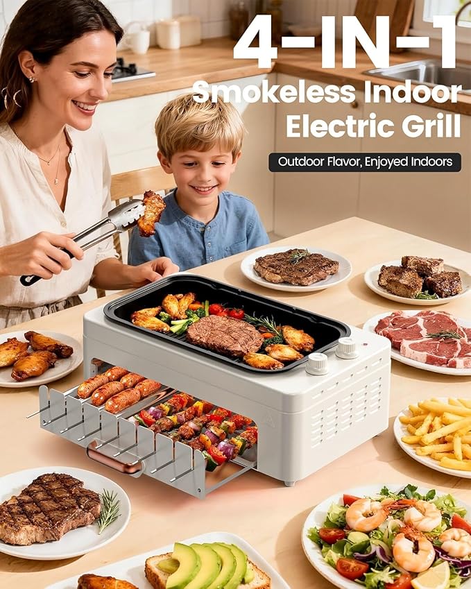 4-in-1 Electric Indoor Grill Smokeless for Home,Countertop Electric Grill with Removable Sizzle Grill Pan & Grate + Auto Rotating Kabob Skewers + Electric Hot Dog Roller Dual Zone Cooking with Lid