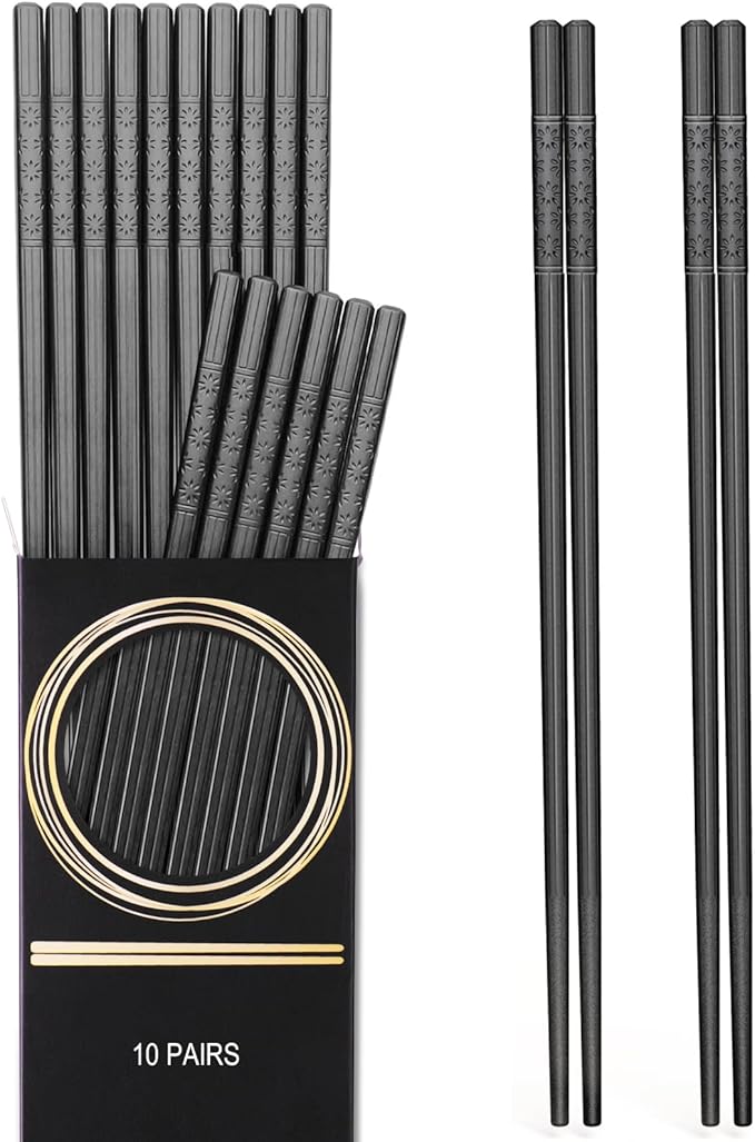 GLAMFIELDS 10 Pairs Fiberglass Chopsticks, Reusable Japanese Chinese Chop Sticks Dishwasher Safe, Non-Slip, 9 1/2 inches