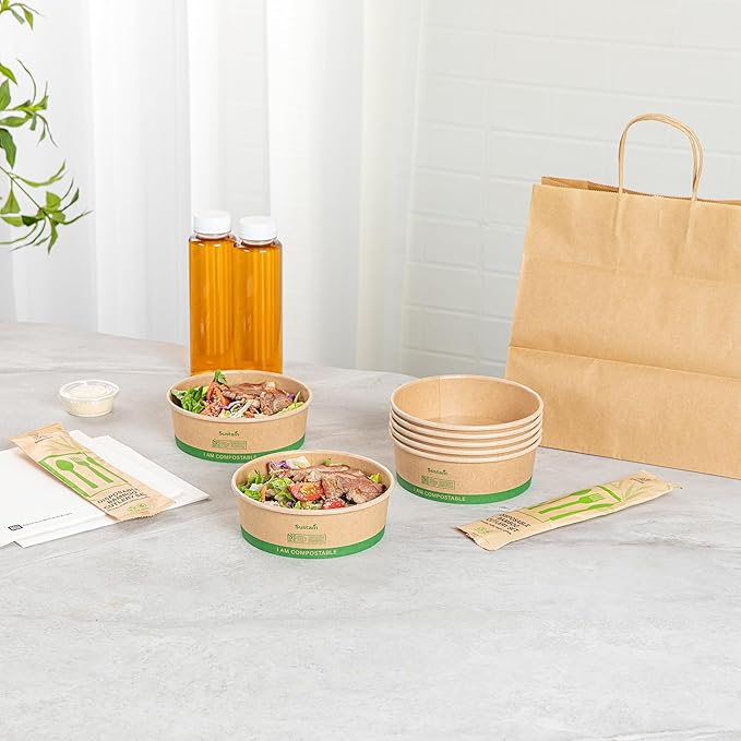 Restaurantware Paper Food Containers 200 Pack Of 17 oz Disposable Round Kraft Salad Bowls BPI-Certified Compostable Stackable Greaseproof Meal Prep Take Out Containers For Soups, Snacks And Desserts