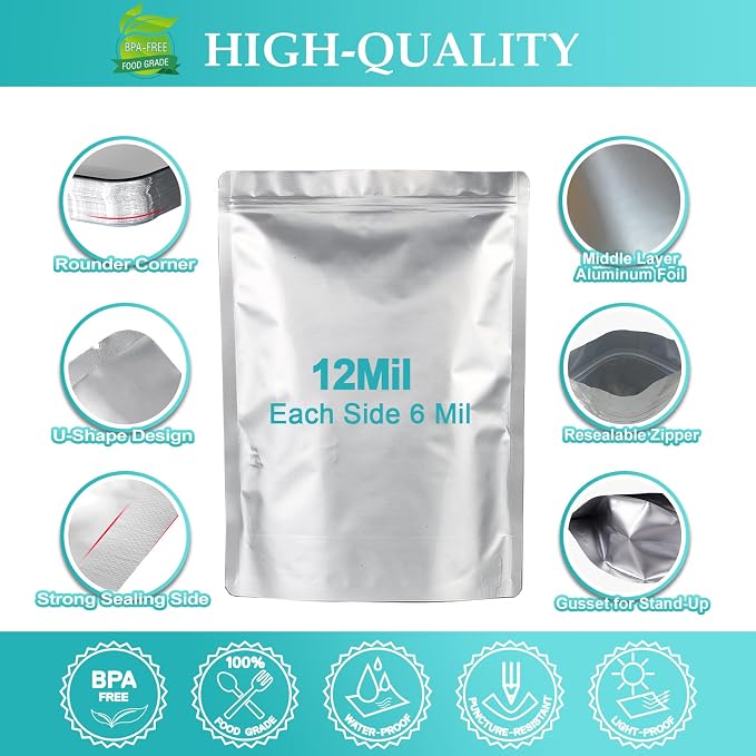 100pcs Mylar Bags for Food Storage 12 Mil Thick with 150x400cc Oxygen Absorbers & Labels, 3 Sizes (1 Gallon, 1 Quart, 1/2 Pint) - Stand-Up, Resealable & Heat Sealable for Long Term Food Storage