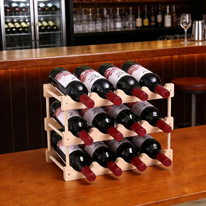 Wooden Wine Rack, countertop Wine Rack, 8-Bottle Stackable Wine Storage Rack, DIY Assembled Wine Holder, Used in Kitchens, countertops, etc (3 Layers of 12 Bottles)