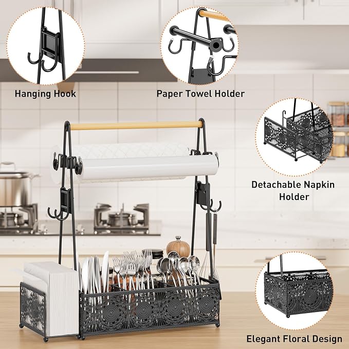 EKNITEY Outdoor Grill Caddy Organizer: BBQ Caddy with Paper Towel Holder | Metal, Camping Kitchen Accessories Rack, Utensil Condiment Storage, Floral Design, Easy Assembly, for Patio Camper Picnic RV