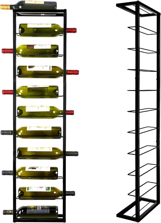Wall Mounted Wine Rack: Metal Hanging 10 Bottle Wine Holder Liquor Storage | for Champagne & Magnum - Professional Grade for Wine Collectors - Rust-Resistant Matte Black Metal