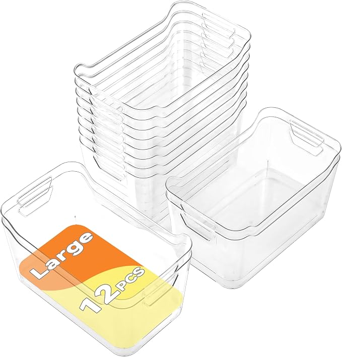 Clear Plastic Storage Bins - 12 Pack Pantry Organizers and Storage,Large Clear Pantry Organizer Bins, Plastic Containers with Handle for Kitchen, Cabinet, Bathroom, Classroom Organization