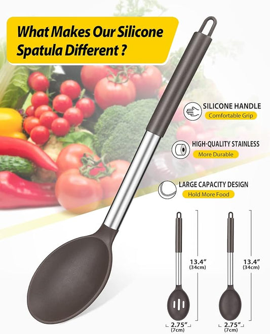 Pack of 2 Large Silicone Cooking Spoons,Non Stick Solid Basting Spoon,Heat-Resistant Kitchen Utensils for Mixing,Serving,Draining,Stirring (CHOCOLATE)