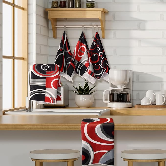 Boyiee 6 Pcs Modern Geometric Kitchen Towels | Red Black Grey White Dish Hand Towels 24 x 16 Inches Gifts Decorative Tea Cloth Gifts for Farmhouse Kitchen Bathroom Decor