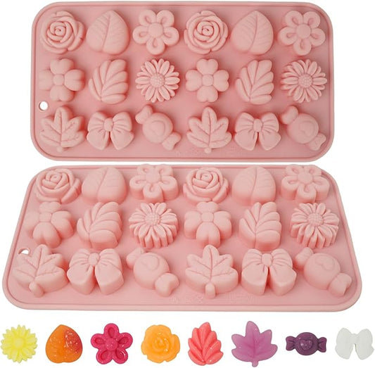 2 Pcs Flower Candy Silicone Molds, Different Shapes Of Chocolate Molds, Suitable for Making Candy, Chocolate, Fudge, Pudding, Cookies, Ice Cubes(Pink)