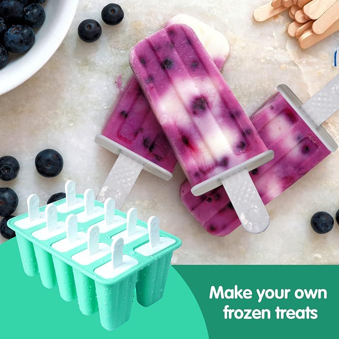 Popsicles Molds, 10 Pieces Silicone Ice Pop Molds with 10 Sticks BPA Free Popsicle Molds Reusable Easy Release Ice Popsicle Maker, Green