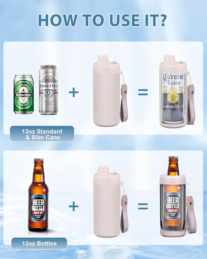 JOOPETALK Universal Can Cooler with Lid Fits All 12oz Cans& Bottles, 100% Leak-Proof Water Bottle, 4-in-1 Insulated Can Cooler for Beer, Soda & Energy Drinks, Dishwasher Safe