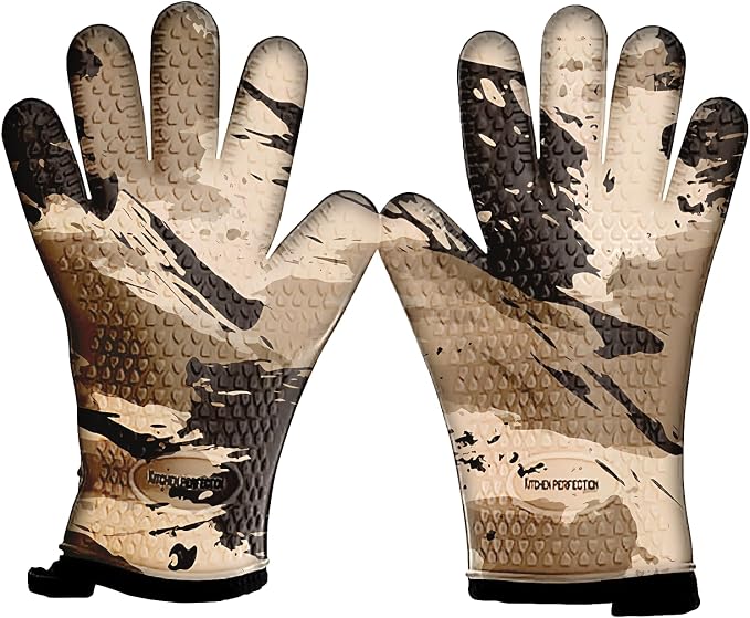 KITCHEN PERFECTION XL Silicone Smoker BBQ Gloves -Heat Resistant Oven Mitts | Waterproof, 5-Finger Design For A Better Grip, for Pitmasters, Meat Smoking, Grilling, Cooking, Frying Turkey | Grill Gift