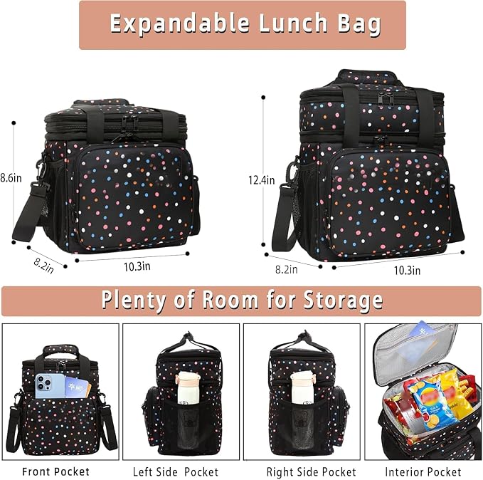 GLENKEY Expandable Lunch Box Cooler Bag - Insulated Soft Lunch Bag for Men Women - Large Lunchbox for Adults Work Camping Outdoor Travel Polka Dots 16L