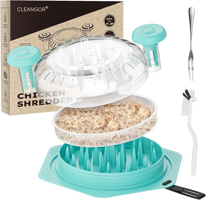 CLEANGOR Chicken Shredder Tool Twist Large, BPA Free Meat Shredder | with Ergonomic Handle, Non-Slip Food Shredder Tool for Pork, Beef, Set of Chicken Breast Shredder with Brush & Fork