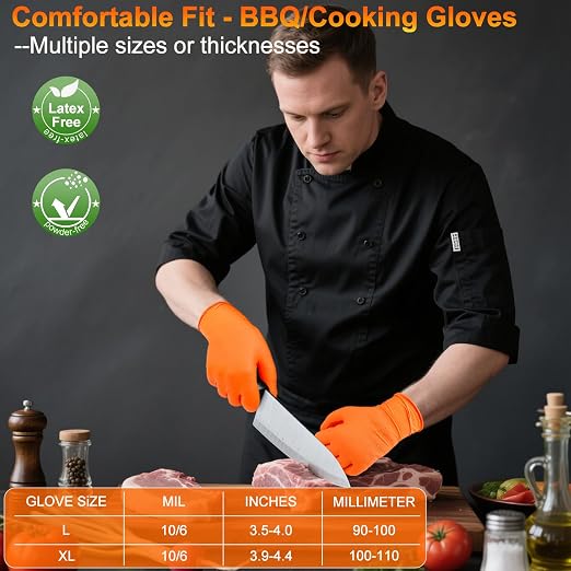 ANBOSON BBQ Gloves Disposable, Heat Resistant Grilling Gloves for Cooking | 10Mil Heavy Duty Nitrile Gloves-100Ct &4 Cotton Liners for Meat Handling Smoker for Hot Food Prep,Non-Slip Grip,XLarge,Orange