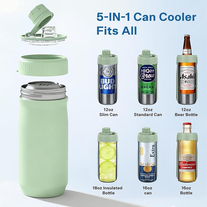 5 In 1 Beer Can Cooler Bottle Holder with Drinking Spout Lid for 12oz Regular, Slim Skinny Cans Bottles,Sealed Insulated Double Wall Vacuum Stainless Steel Can Keeps Your Drinks Cold(Green)