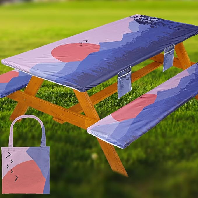 Fitted Picnic Table Cover with Bench Covers, Windproof Vinyl Table Cloths Outside Camping Cooking Backyard Furniture Seat Cushion Tablecloth Activities Party Decor Decorations Para Acampar Equipment