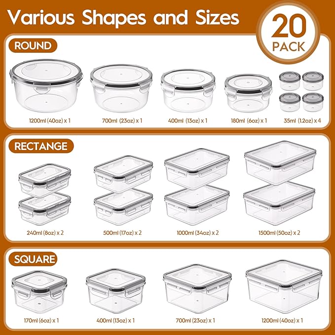 KEMETHY Large 40 Piece Food Storage Containers with Airtight Lids, BPA-free | 20 Containers & 20 Lids, Leak Proof, Meal Prep, Kitchen Storage, PVC-free Plastic, Microwave/Dishwasher Safe, Labels & Pen