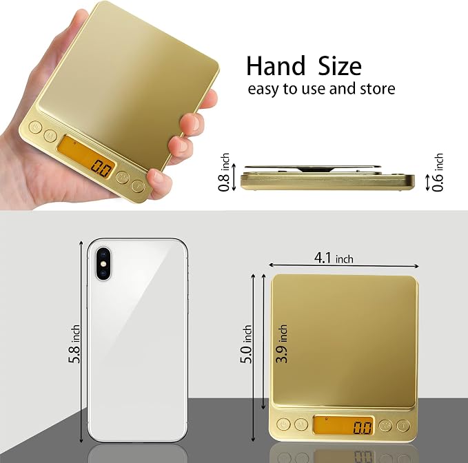 Fuzion Small Gram Scale 3000g, Digital Kitchen Food Scale, Gram and Ounce | Gold Titanium Mirror Finish, 0.1g Accuracy, 6 Modes, 2 Trays Included, Tare, Piece Counting, For Food, Coffee, Coins, Herb