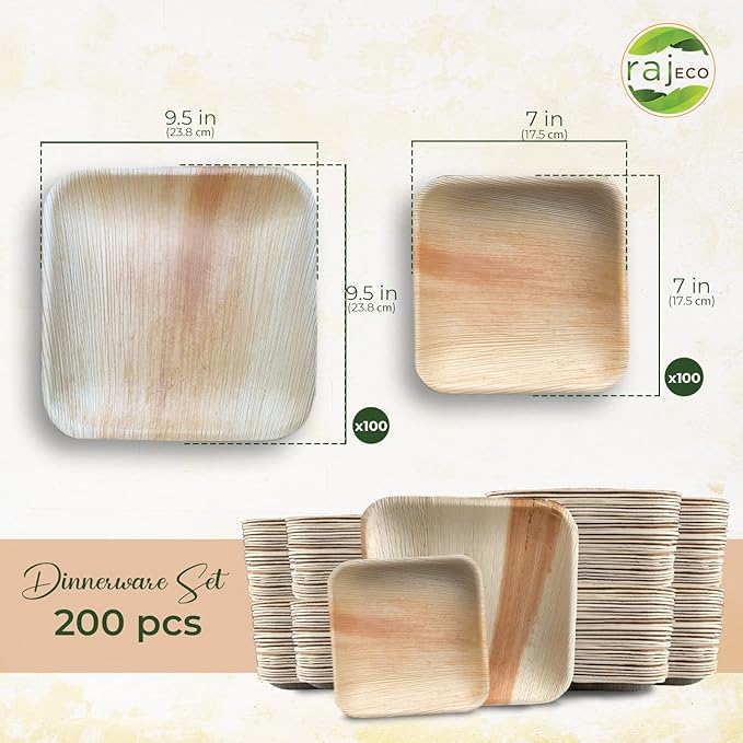 Raj Palm Leaf Plates Plates like Bamboo plates Disposable, Decorative Compostable Tableware for wedding, Lunch, Dinner, Birthday, Camping, Outdoor BBQ, Picnic (9.5"x100 7"x100 (200 Pack))