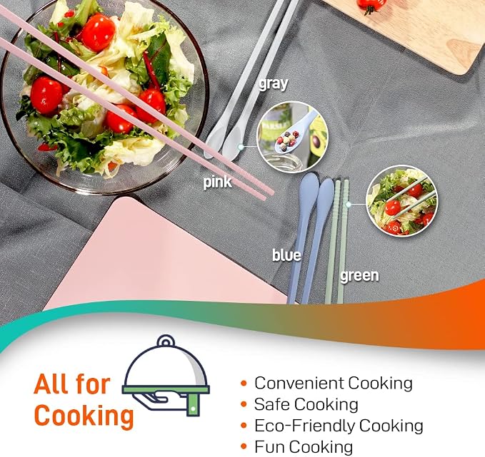 Reusable Long Silicone Cooking Chopsticks with Spoon - 12 Inches 3 Color Set, Eco-Friendly, Heat-Resistant, Non-Scratch, Korean, Japanese Asian Kitchen cookware. (Pink, Green, Grey, 3 Pair)