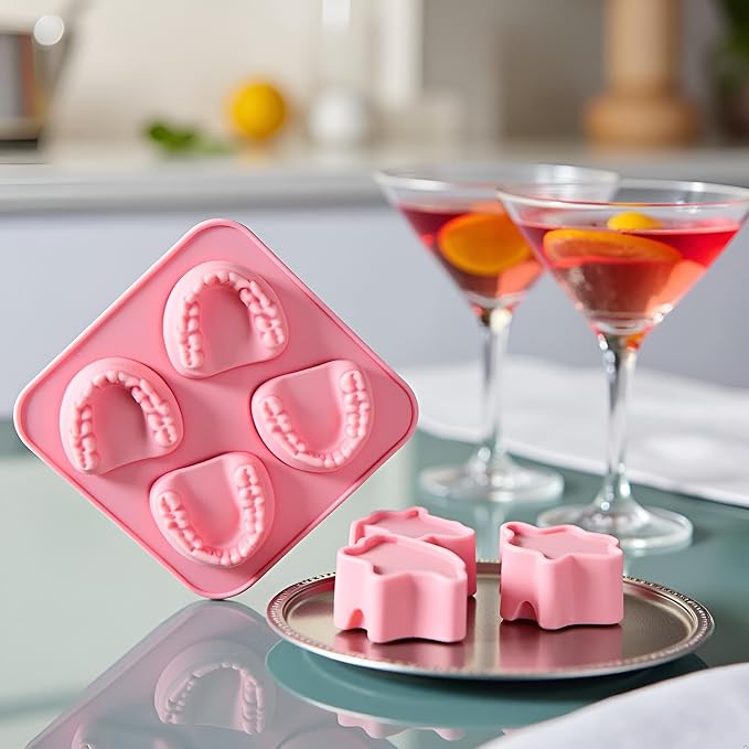 Pink 4 Hole Denture Teeth Shaped Ice Cube Mold Silicone Ice Tray DIY Ice Cream Funny Gag Gift For Dentist Seniors Ice Tray Molds, Ice Cube Molds and Trays